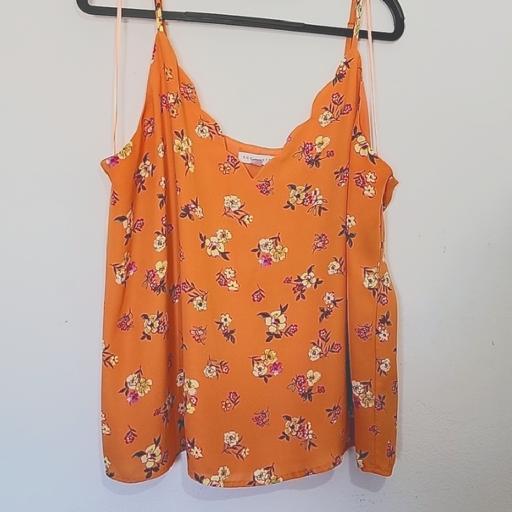 Socialite Scalloped V-Neck Floral Camisole Tank Top Orange Plus Size XL